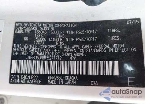 2015 Toyota 4Runner Sr5 Premium z USA, uszkodzony, nr VIN JTEBU5JR8F5271712